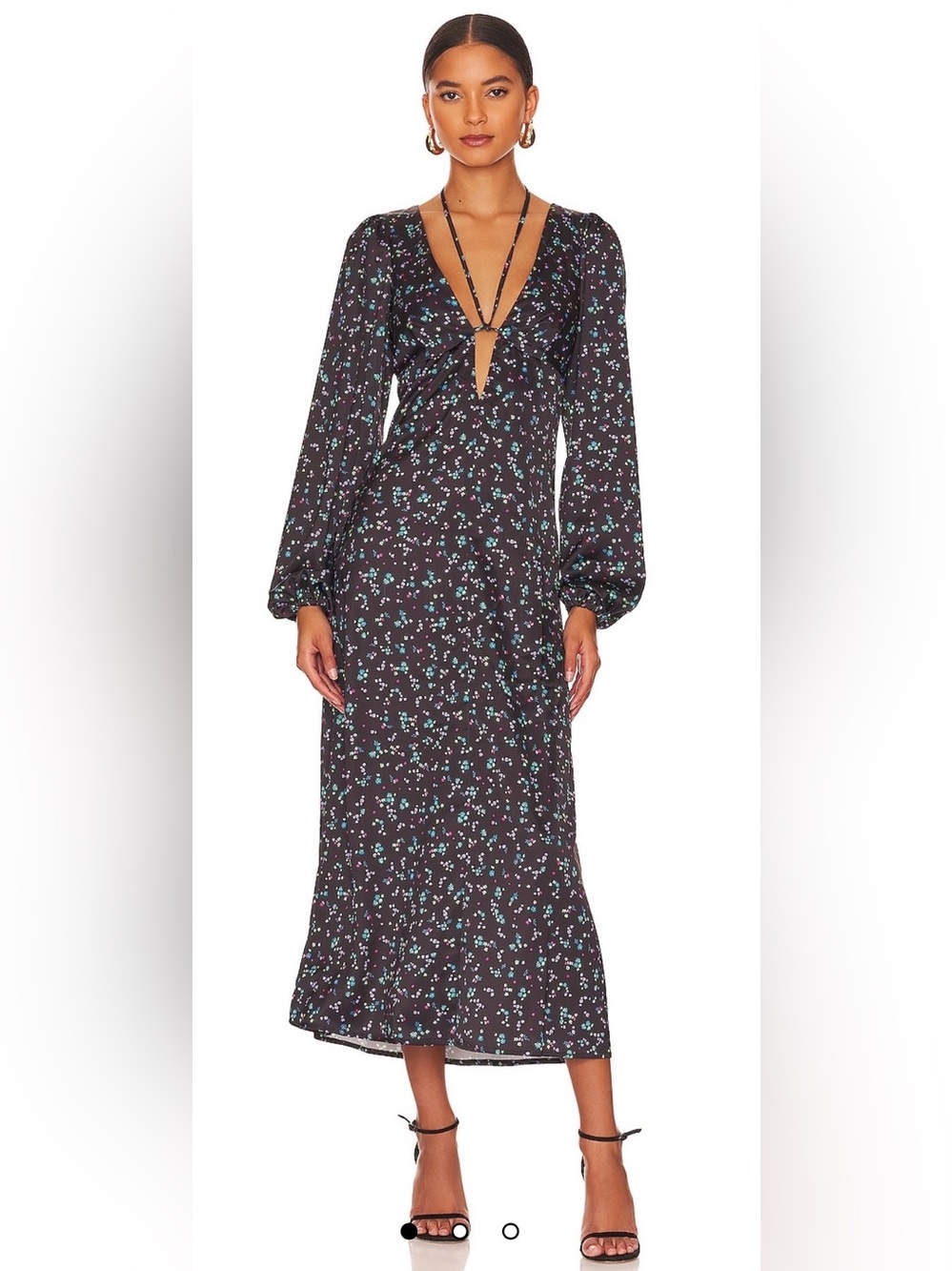 AFRM Portia Floral Satin Midi Dress Black Multicolor Long Sleeve Halter NWT M - Picture 1 of 9